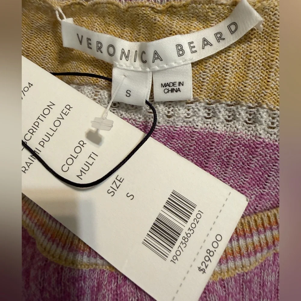 Veronica Beard Rami Pullover Sweater Small Multi Stripe Linen Cotton Ribbed $298 - Picture 4 of 6